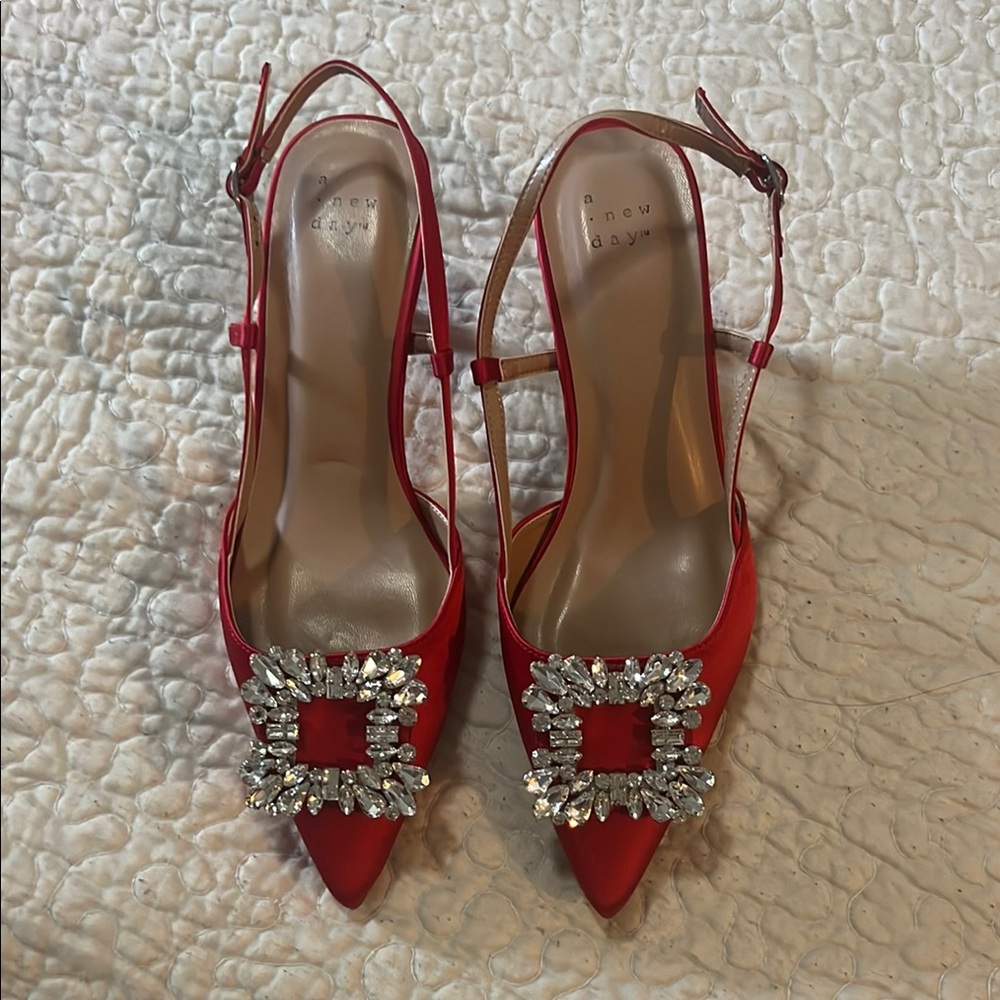 Elegant Red Satin Heels with Crystal Embellishments